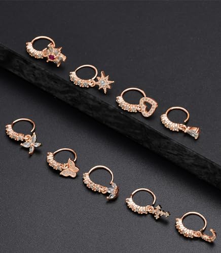 10Pcs Dangle Nose Rings Hoop Butterfly Heart Moon Flower Star CZ Cartilage Earring Dangling Nose Body Piercing Jewelry 20G Silver Rose Gold Black Tone - color: C:Rose Gold Tone