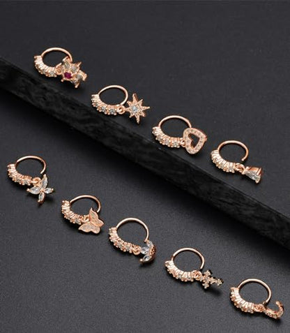 10Pcs Dangle Nose Rings Hoop Butterfly Heart Moon Flower Star CZ Cartilage Earring Dangling Nose Body Piercing Jewelry 20G Silver Rose Gold Black Tone - color: C:Rose Gold Tone