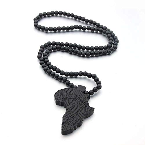 COLORFUL BLING Multicolor 8MM Wooden Bead Chain African Hip-hop Africa Map Pendant Necklace for Men Boys Natural Wood Jewelry - color: style2 black
