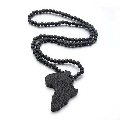 COLORFUL BLING Multicolor 8MM Wooden Bead Chain African Hip-hop Africa Map Pendant Necklace for Men Boys Natural Wood Jewelry - color: style2 black