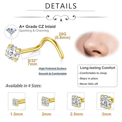 Incaton 20G Stainless Steel Nose Rings for Women Nose Rings Hoops L Shaped Nose Studs Screw Nose Piercing Jewelry for Women Men Silver Rose Gold Black Rainbow - color: 8P SCREWS GOLD