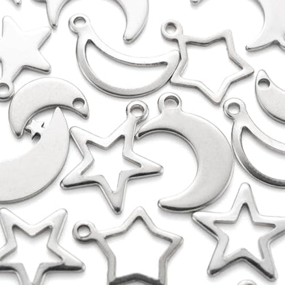 8-64Pcs Silver Goldern Color Heart Pendants Charms 10 Styles Heart Stainless Steel Metal Charms for Jewelry Making Crafting Necklaces Bracelets Earrings Keychains Birthday Gift - color: Moon Star-60 pcs