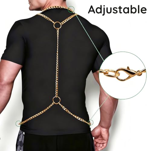 Men's Chest Belt Chain Costume Fashion Festival Outfit | Male Goth Shirt Shoulder Belt Mens Rave Outfit for Festival Party Rave Halloween Cosplay - color: Gold