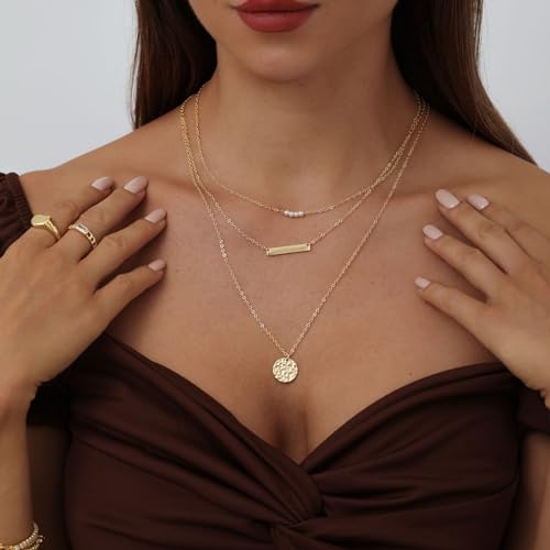 ASCOMY Layered Necklaces for Women Dainty Gold Necklace 14K Gold Plated Herringbone Necklace for Women Pearl Cross Necklace Paperclip Cuban Figaro Rope Satellite Chain Gold Choker Trendy Jewelry Gift - style: 3Layered Bar Pearl Hammered-GD