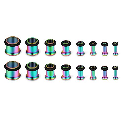 SCERRING 16PCS Ear Tunnels Stretching Kit Stainless Steel Gauge Plugs Set Single Flared Expanders 12G-00G (2mm-10mm) - color: 8Pairs - Rainbow