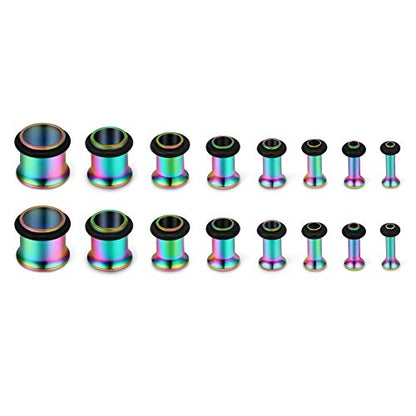 SCERRING 16PCS Ear Tunnels Stretching Kit Stainless Steel Gauge Plugs Set Single Flared Expanders 12G-00G (2mm-10mm) - color: 8Pairs - Rainbow