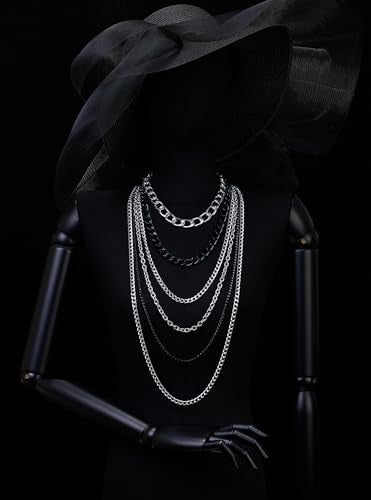 COOLSTEELANDBEYOND Statement Necklace Waterfall Multi-Strand Curb Link Rolo Chains, Punk Rock Cool, Light Weight - color: C-Color: Silver & Black