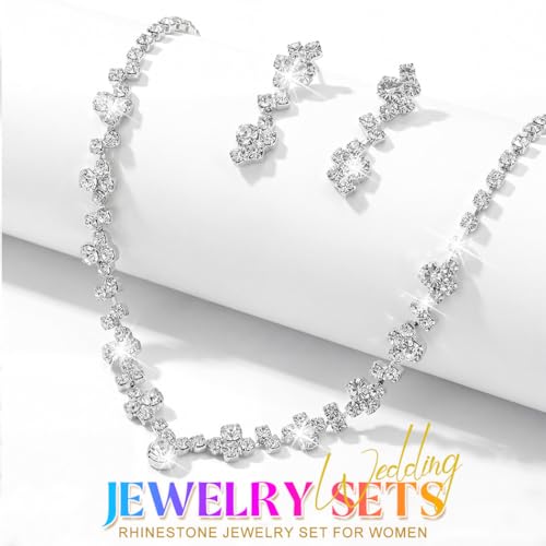 Unicra Bride Crystal Necklace Earrings Set Bridal Wedding Jewelry Sets Rhinestone Choker Necklace Costume Jewelry Set for Women and Brides - color: Silver Necklace Earrings