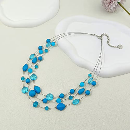 Coiris 3 Layers Illusion Wire Beaded Statement 19.5" Necklace for Women - color: N0005-Sky Blue