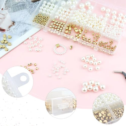 Gold Spacer and Pearl Beads for Bracelets, 5 Sizes White Pearls and 5 Styles Gold Beads, Bracelet Making Kit for Jewelry Making Necklaces Earrings DIY Crafts (720 Pcs)