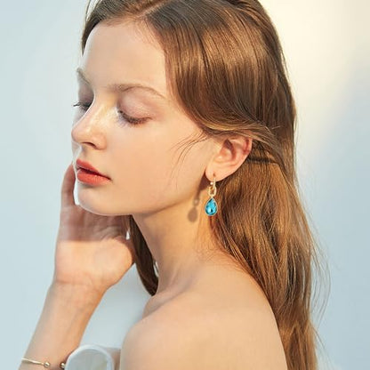 Crystals Teardrop Dangle Drop Earrings, 18K Gold Plated Hoop Earrings Zirconia Jewelry for Women Gifts - color: Blue-Long