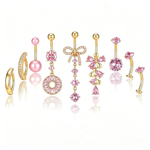 G&O JFU 9 Pcs Belly Button Ring Dangle Hypoallergenic Surgical Stainless Steel Heart Flower Pearl Bow Dangly Belly Rings for Women 14G Clicker Floating Navel Piercing Jewelry - color: Gold Pink