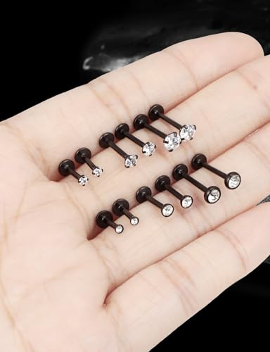 16G Internal Thread Flat Back Earrings Nose Studs 316L Surgical Steel Medusa Labret Monroe Lip Ring Tragus Forward Helix Conch Cartilage Lobe Earrings Stud Piercing Jewelry For Women Men - color: Black-Clear CZ