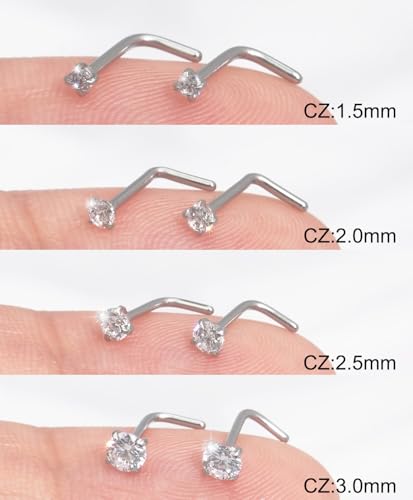 8PCS 18G 20G 22G Nose Studs, Hypoallergenic L Shaped Nose Rings Set | Gold/silver styles, 316L Surgical Stainless Steel, CZ sizes 1.5-3mm, secure fit for sensitive skin and daily wear - color: 20G L-Shaped Silver