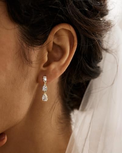 14K Gold Plated/Sterling Silver CZ Pearl Drop Dangle Earrings for Women - color: Gold-3 CZ