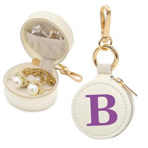 Mini Initial Travel Jewelry Case Ring Holder, Beige Faux Leather Small Jewelry Organizer Box Gifts for Women Girls Nurse Teacher, Gym Travel Accessories Keychain Pouch for Earrings Rings Necklace B - color: Beige, size: Leather-B