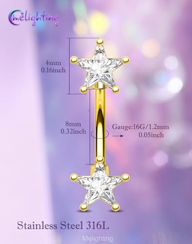 Melighting 16G Gold Star Rook Piercing Bar, 6/8 mm Rook Earring with Clear CZ, 316L Stainless Steel Stylish Eyebrow Lobe Piercing Jewellery for Daily Wear Women - color: Gold, size: 16G8mm