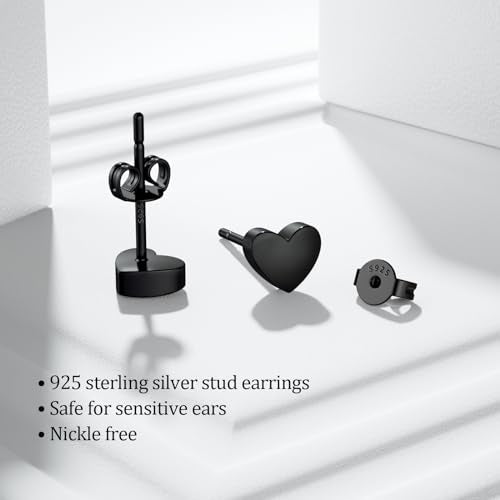 JIAYIQI Minimalist 925 Sterling Silver Stud Earrings Set, 14K Gold Plated Hypoallergenic Tiny Bar Dot Heart Star Studs for Women & Men - style: Black-Heart-1Pair
