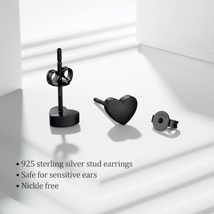 JIAYIQI Minimalist 925 Sterling Silver Stud Earrings Set, 14K Gold Plated Hypoallergenic Tiny Bar Dot Heart Star Studs for Women & Men - style: Black-Heart-1Pair