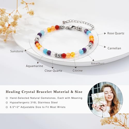 Zocomi Natural Healing Crystal Bracelet for Women, Anxiety Relief Triple Protection 7 Chakras Jewelry Gift for Friends Daughter Mom 6.5+2 Inches - color: 7 Chakras