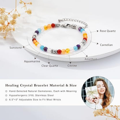 Zocomi Natural Healing Crystal Bracelet for Women, Anxiety Relief Triple Protection 7 Chakras Jewelry Gift for Friends Daughter Mom 6.5+2 Inches - color: 7 Chakras