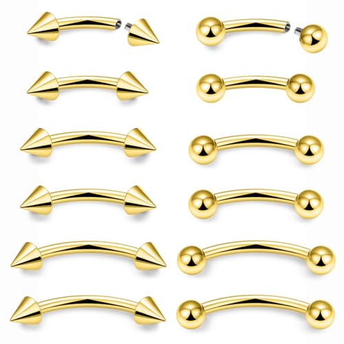 Eyebrow Piercing Jewelry Internally Threaded Surgical Steel Curved Barbell Tiny Eyebrow Ring Vertical Labret Lip Jewelry Ear Rook Navel Small Belly Button Ring for Women Men 18g 16g 14g - color: goldrtone,14g