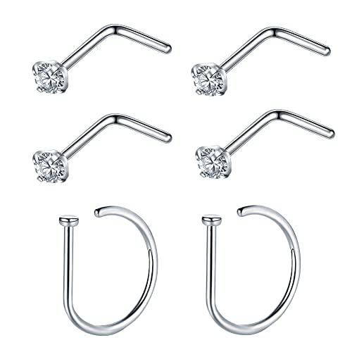 VOJO G23 Titanium 20G Nose Rings Hoops L Shaped Screw Nose Studs Diamond Small Piercing Jewelry for Women Men - color: 4 L shaped +2 Nose Rings,20G