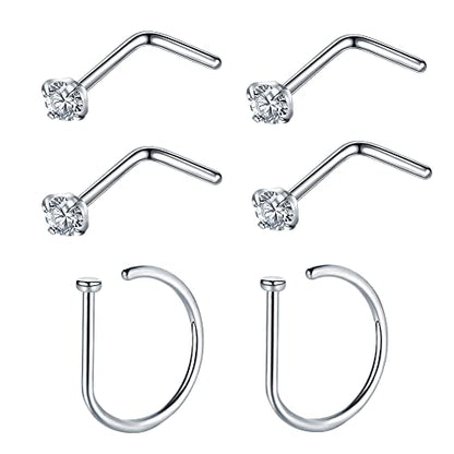 VOJO G23 Titanium 20G Nose Rings Hoops L Shaped Screw Nose Studs Diamond Small Piercing Jewelry for Women Men - color: 4 L shaped +2 Nose Rings,20G