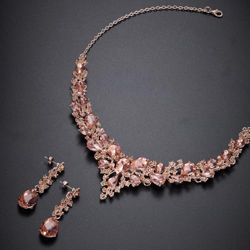 Women's Wedding Statement Necklace Dangle Earring Jewelry | Austrian Crystal Teardrop Cluster,Necklaces Earrings Set for Bride Bridesmaid,Prom Accessories - color: 05-Peach Rose-Gold-Plated-Base