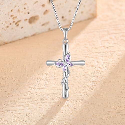 Cross Necklace for Women 925 Sterling Silver Butterfly Necklace Birthstone Pendant Created Gemstone Jewelry Gifts for Women - color: 06 June - Alexandrite