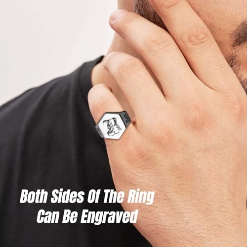 Custom Signet Ring for Men Personalized Initial Ring Custom Mens Rings Engraved Ring Customized Memorial Graduation Gifts for Father Husband Boyfriend Friends - color: Hexagon Silver