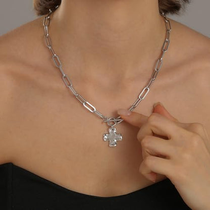 Bheop Chunky Cross Necklace for Women, 14K Gold Silver Statement Necklace | Sturdy Paperclip Chain, Hammered Pendant, Vintage Charm, Trendy Costume Jewelry, Faith Christian Religious Gift, Non Tarnish - style: SL-Toggle Necklace(0.8 inch Pendant)