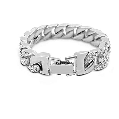 Mens Womens Cuban Link Bracelet Hip Hop Bracelet Stainless Steel Chain Bracelet Iced Out Curb Cuban 18k Gold Plated Bracelet With Clear Rhinestones - color: A-Silver-8.26in