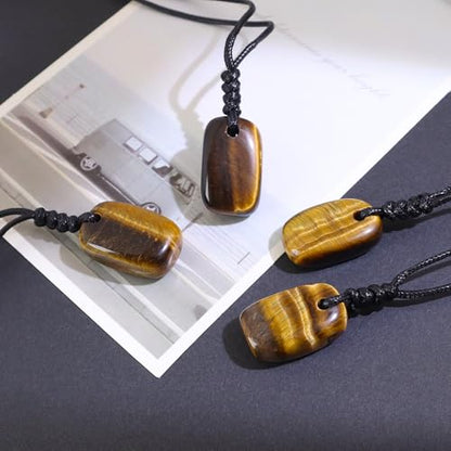 Natural Gemstone Pendant Necklace Healing Crystal Choker Necklace Adjustable Waxed Black Rope for Women Men - color: Tiger's Eye
