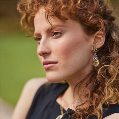 6 Pairs Bohemian Copper Crystal Teardrop Clip On Earrings for Women Handmade Colorful Enamel Floral Dangle Drop Earrings Retro Tribal Style Geometric Design Jewelry Gifts - color: Brown