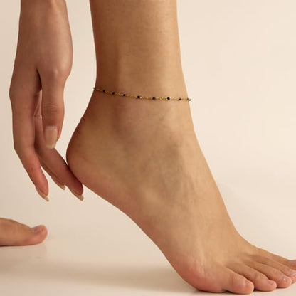 18K Gold Plated Boho Beaded Anklets for Women Dainty Gold Layered Round Ball Ankle Bracelet Pearl Cross Anklet Bracelet Waterproof Gold Jewelry - color: Black Beads-Gold