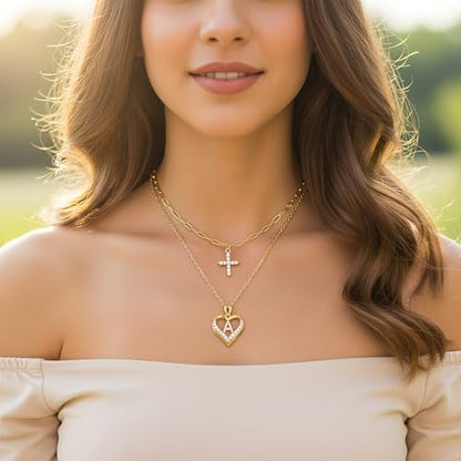 14K Gold Plated Layering Necklaces,Heart Initial Layered Necklace Cross Pendant Necklace Charm Personalized Stackable Jewelry Gift for Her - style: N