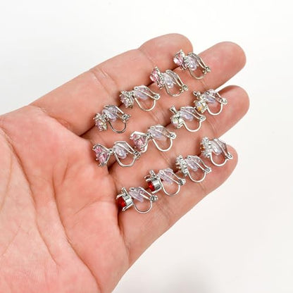 Tornito 10-15 Pairs Clip on Stud Earrings Non Pierced Teardrop Round Square CZ Pearl Twist Knot Flower Butterfly Heart Star Rainbow Cat Opal Clip on Earrings for Women - color: F: 10 Pairs Silver Tone