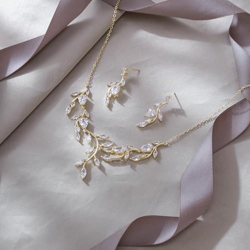 Cubic Zirconia Leaf Vine Wedding Jewelry Set for Bride Women Bridesmaid | Pear-Shaped Birthstone, Necklace Dangle Earrings for Bridesmaid, Silver-Plated-Brass - color: 2pcs_White Gold-Plated-Brass