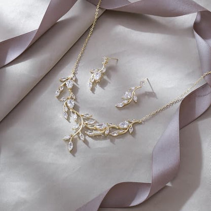 Cubic Zirconia Leaf Vine Wedding Jewelry Set for Bride Women Bridesmaid | Pear-Shaped Birthstone, Necklace Dangle Earrings for Bridesmaid, Silver-Plated-Brass - color: 2pcs_White Gold-Plated-Brass