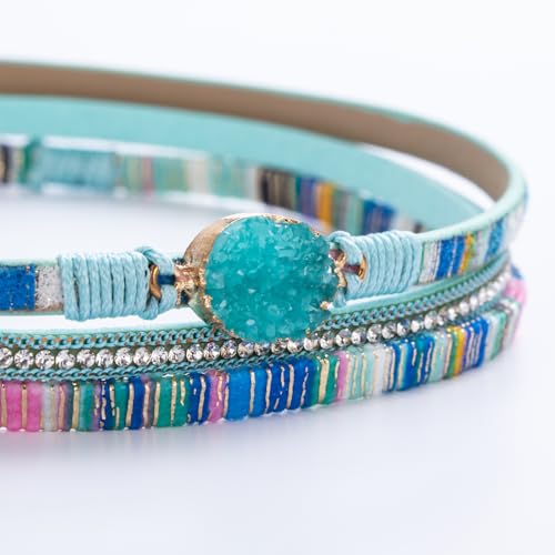 Boho Chunky Leather Wrap Bracelets Stackable Beaded Western Country Jewelry | Crystal Bead Trendy Layered Cuff Magnetic Clasp Stack Bohemian Statement Costume Outfits Cowgirl Fashion Hippie Accessories - color: Boho Blue, size: 14.7"