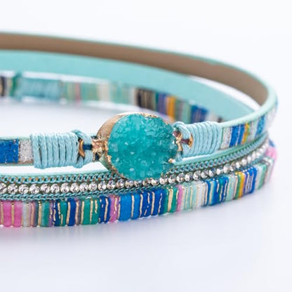 Boho Chunky Leather Wrap Bracelets Stackable Beaded Western Country Jewelry | Crystal Bead Trendy Layered Cuff Magnetic Clasp Stack Bohemian Statement Costume Outfits Cowgirl Fashion Hippie Accessories - color: Boho Blue, size: 14.7"