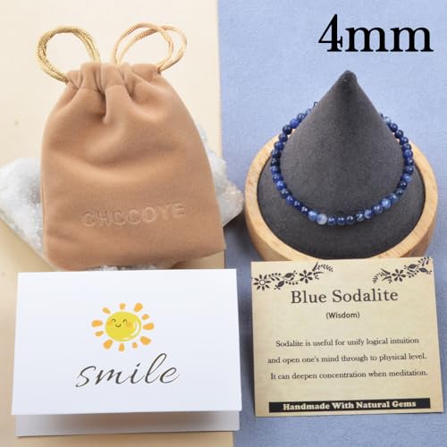 468Handmade Adjustable Natural Gemstone Crystal Bracelet Healing Power Energy Inspirational Gifts with Card for Unisex - color: 08-Blue Sodalite(Wisdom), size: 4mm