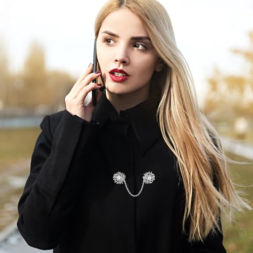 Pearl Sweater Clip for Women:Silver Alloy Cardigan Link Buckle, Retro Collar Brooch for Sweaters, Dresses, Scarves, Jackets, and Coats