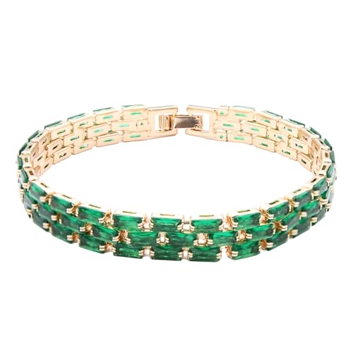 Tennis Bracelet, 13mm Width, Black Cubic Zirconia, Gold Plated Brass, 7 Inch Length, 11 Grams - color: Gold Green