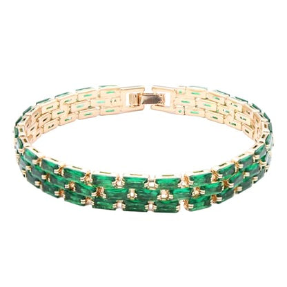 Tennis Bracelet, 13mm Width, Black Cubic Zirconia, Gold Plated Brass, 7 Inch Length, 11 Grams - color: Gold Green