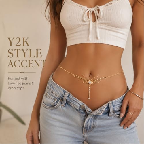 Gold Dripping Butterfly CZ Waist Chain for Low-Rise Y2K, Adjustable Silver 18K Elegant Dripping Butterfly Pendant Chain Belt, Festival Rave Accessories Fit Dresses Jeans