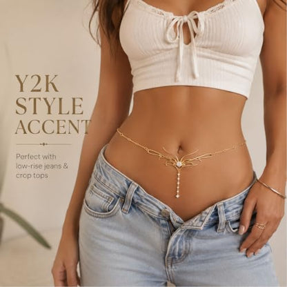 Gold Dripping Butterfly CZ Waist Chain for Low-Rise Y2K, Adjustable Silver 18K Elegant Dripping Butterfly Pendant Chain Belt, Festival Rave Accessories Fit Dresses Jeans