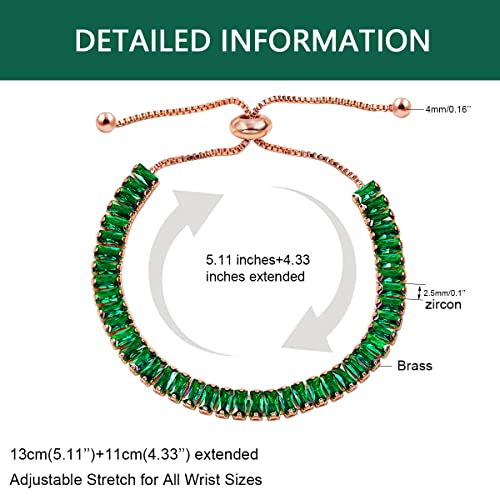 Uloveido Classic Emerald Cut Rectangular Cubic Zirconia Eternity Tennis Bracelet Adjustable for Women Y1788 - color: Rose Gold-Dark Green