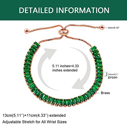 Uloveido Classic Emerald Cut Rectangular Cubic Zirconia Eternity Tennis Bracelet Adjustable for Women Y1788 - color: Rose Gold-Dark Green
